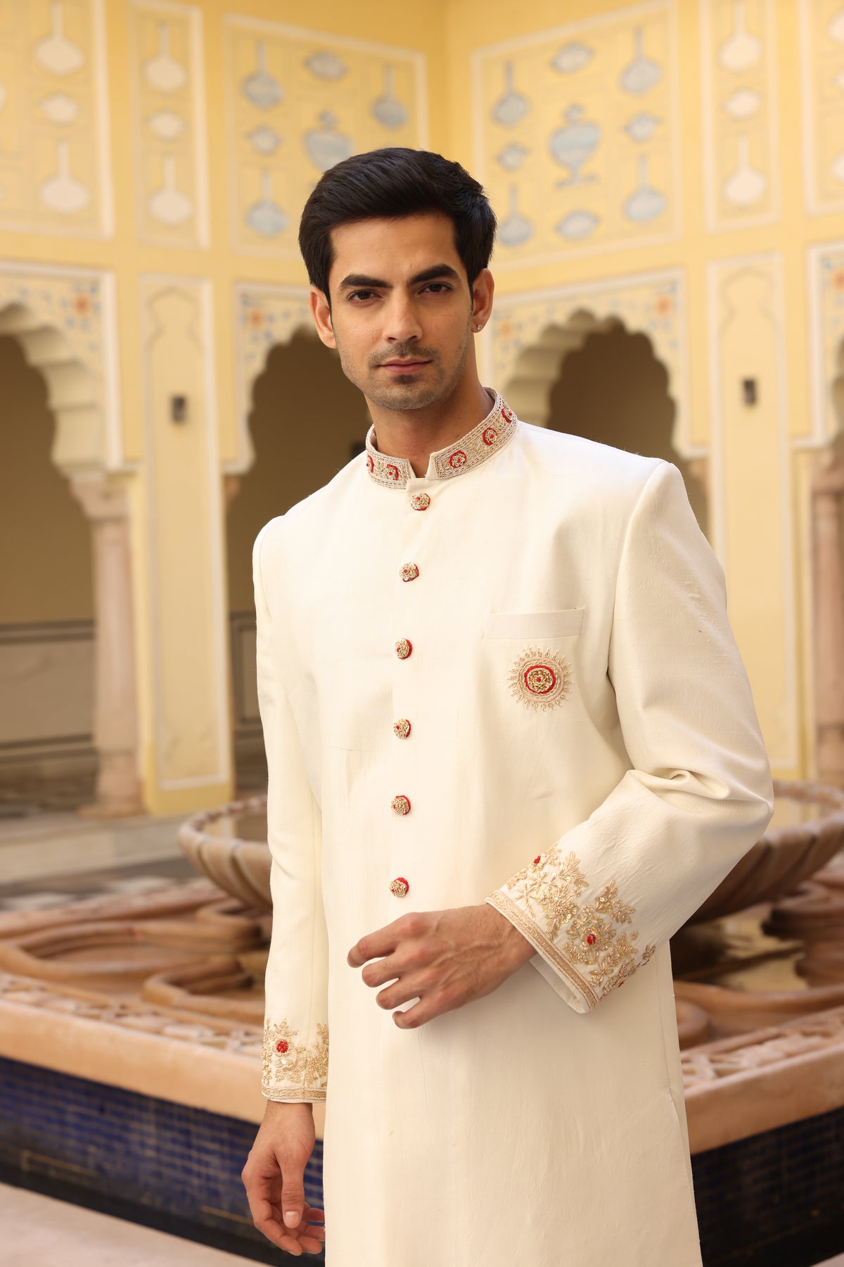 Ivory Pure Silk Zardozi Davka Sherwani Set