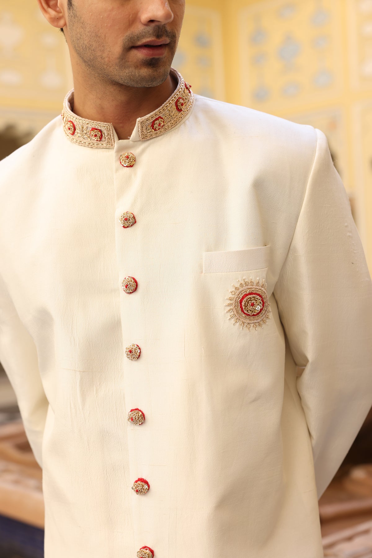 Ivory Pure Silk Zardozi Davka Sherwani Set