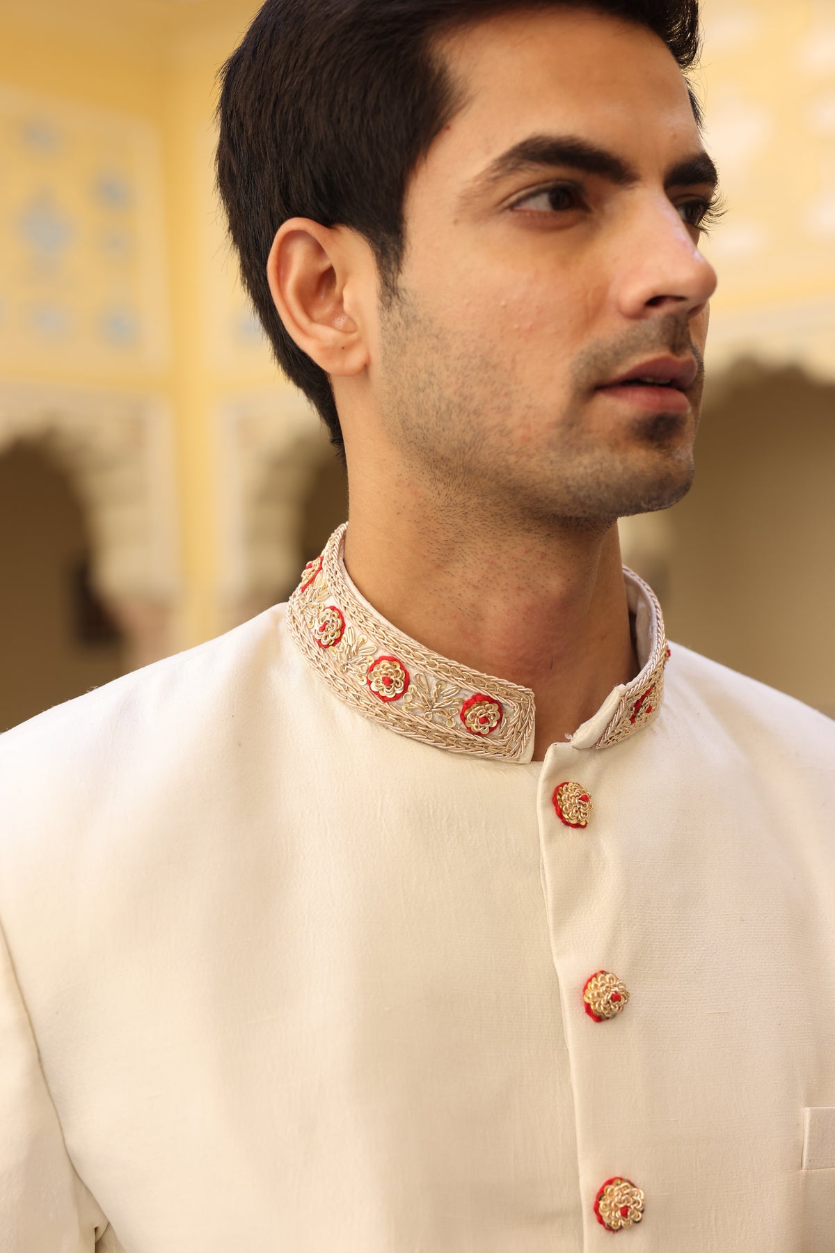 Ivory Pure Silk Zardozi Davka Sherwani Set