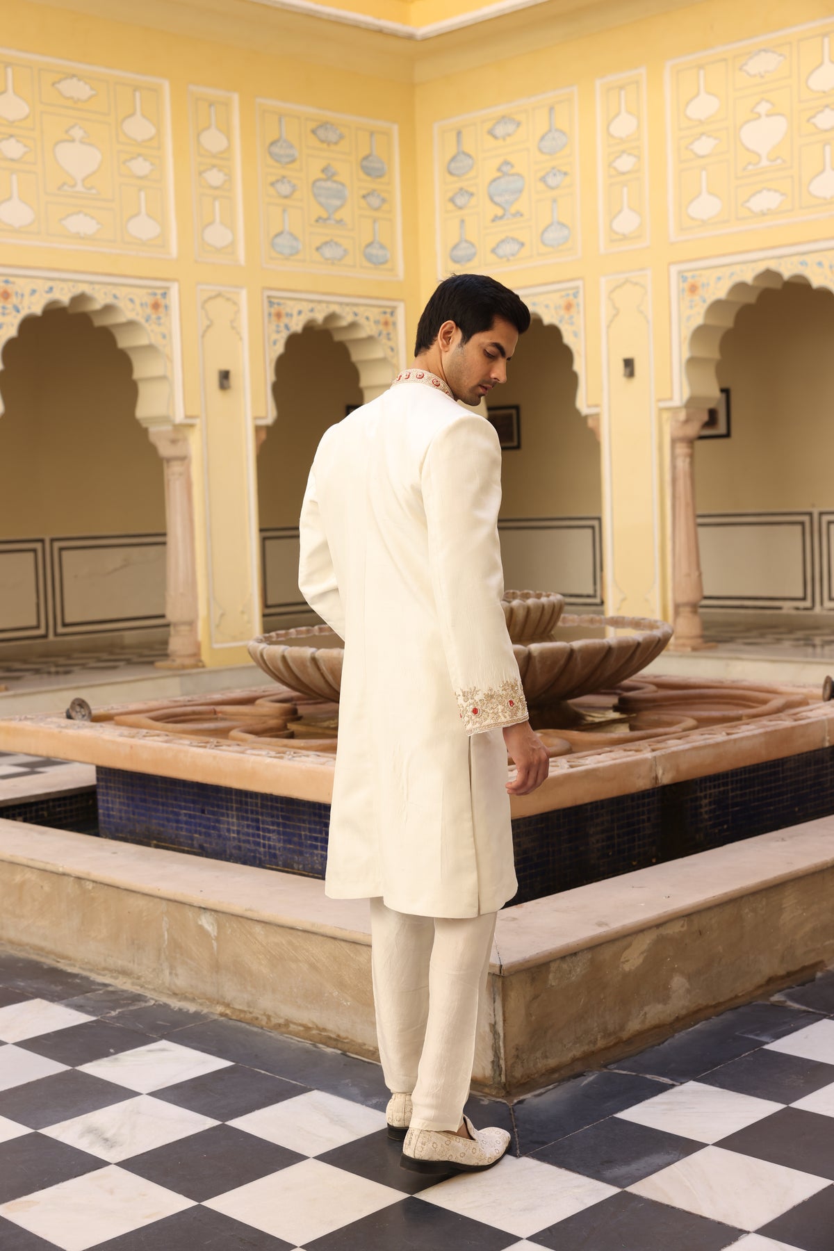 Ivory Pure Silk Zardozi Davka Sherwani Set
