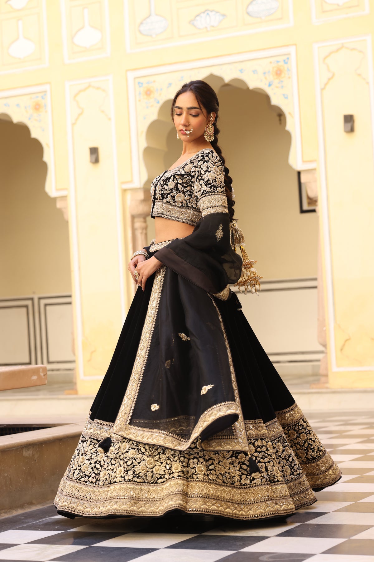 Black Velvet Lehenga with Zardozi & French Knot Embroidery