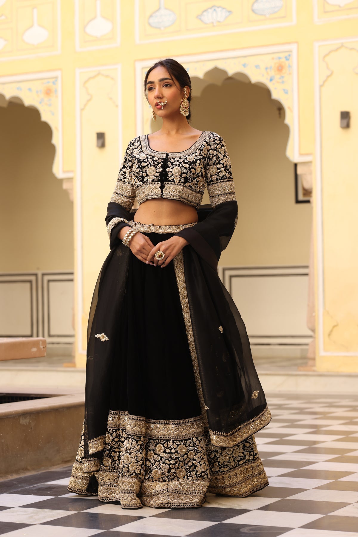 Black Velvet Lehenga with Zardozi & French Knot Embroidery