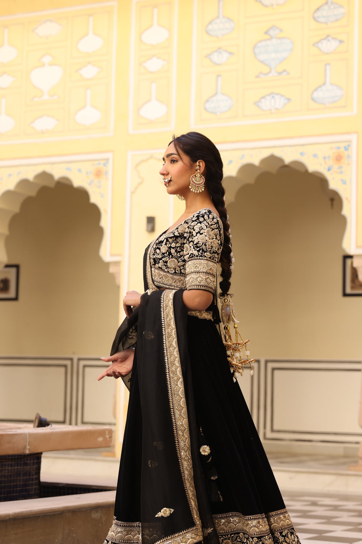 Black Velvet Lehenga with Zardozi & French Knot Embroidery