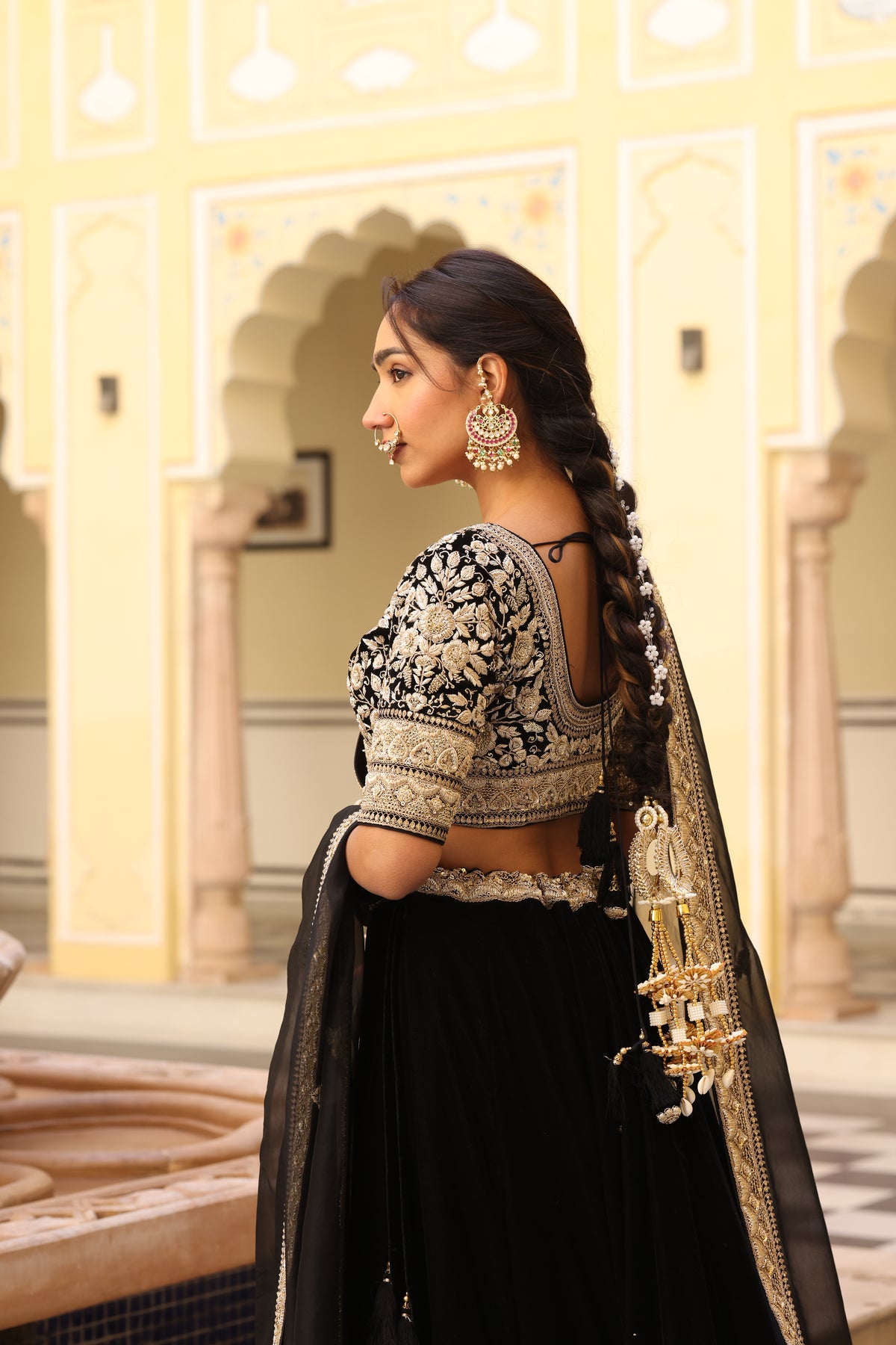 Black Velvet Lehenga with Zardozi & French Knot Embroidery