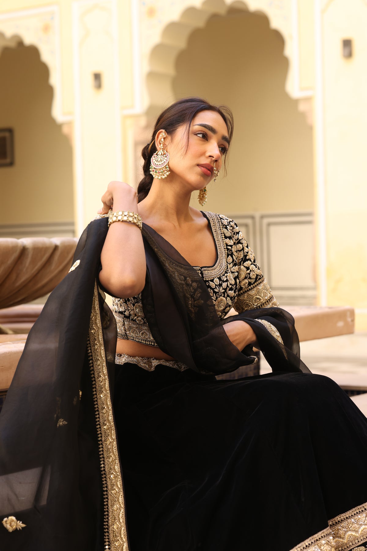 Black Velvet Lehenga with Zardozi & French Knot Embroidery