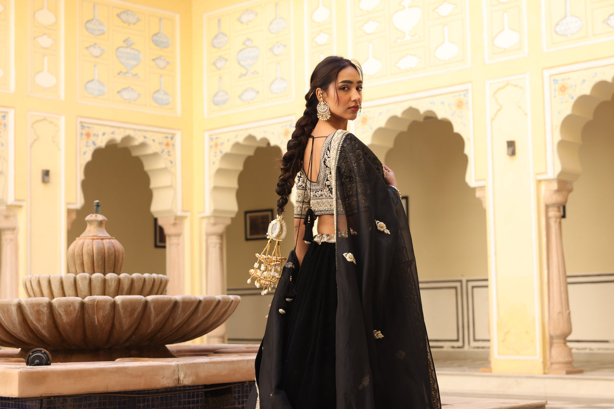 Black Velvet Lehenga with Zardozi & French Knot Embroidery