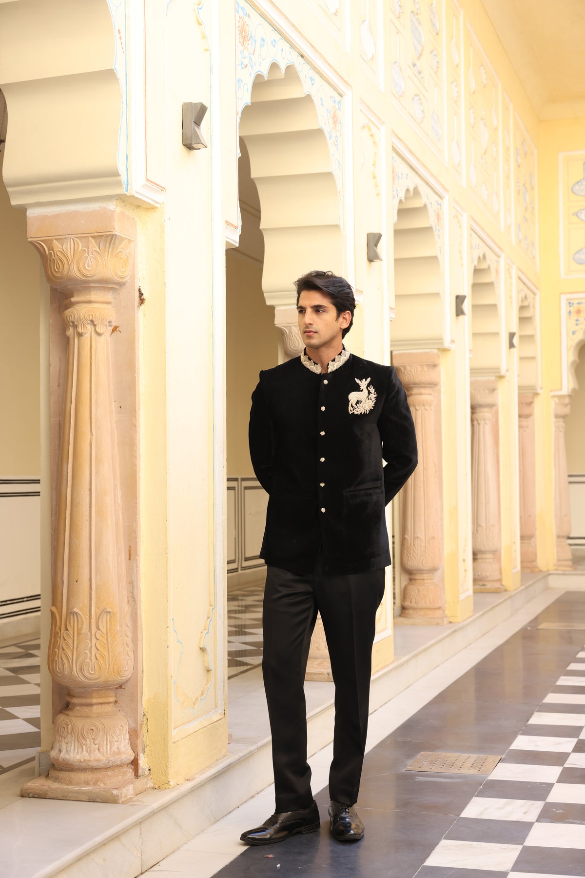 Black Velvet & Silk Jodhpuri Set with Zardozi, Sali Davka & Aari Work