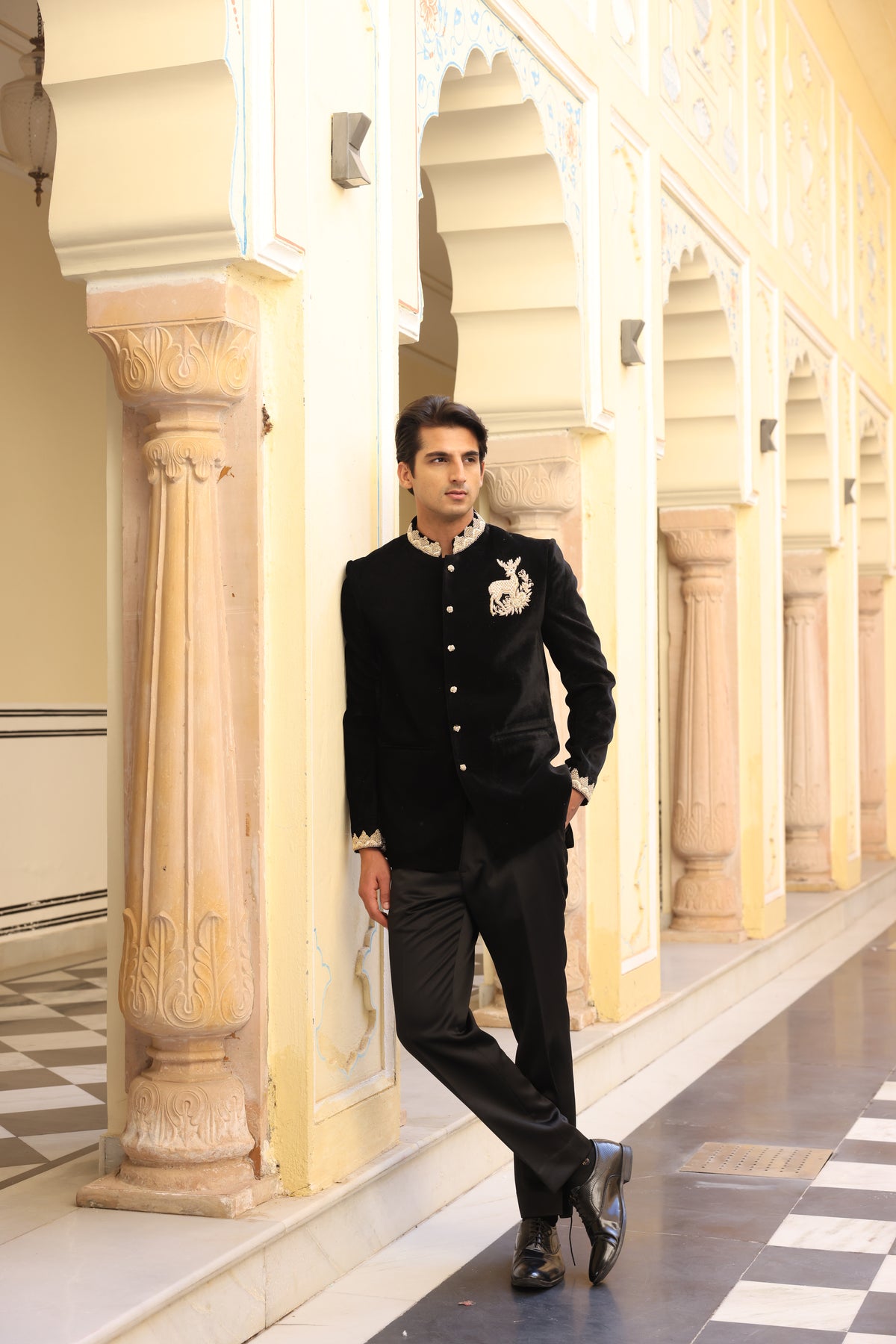 Black Velvet & Silk Jodhpuri Set with Zardozi, Sali Davka & Aari Work