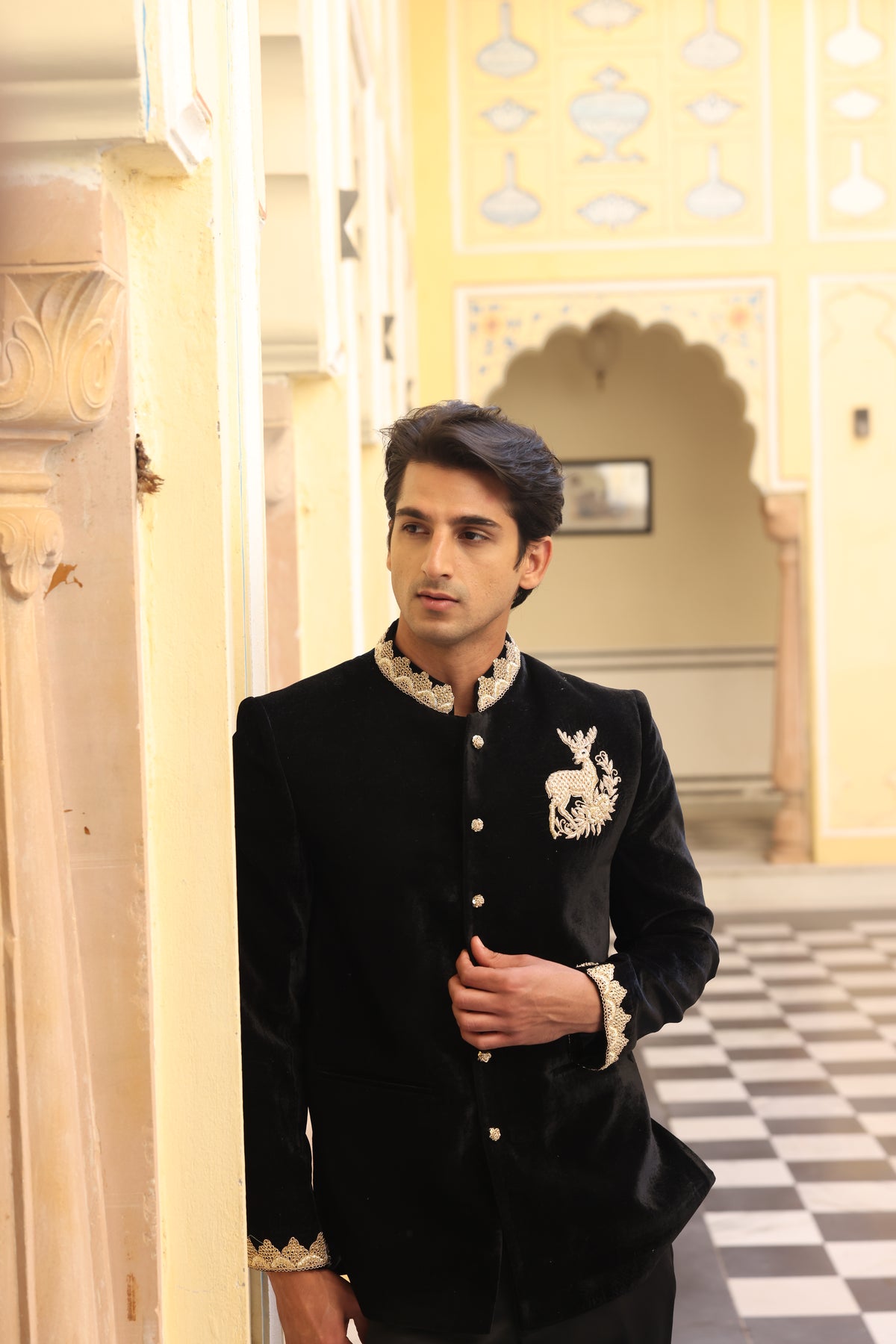Black Velvet & Silk Jodhpuri Set with Zardozi, Sali Davka & Aari Work