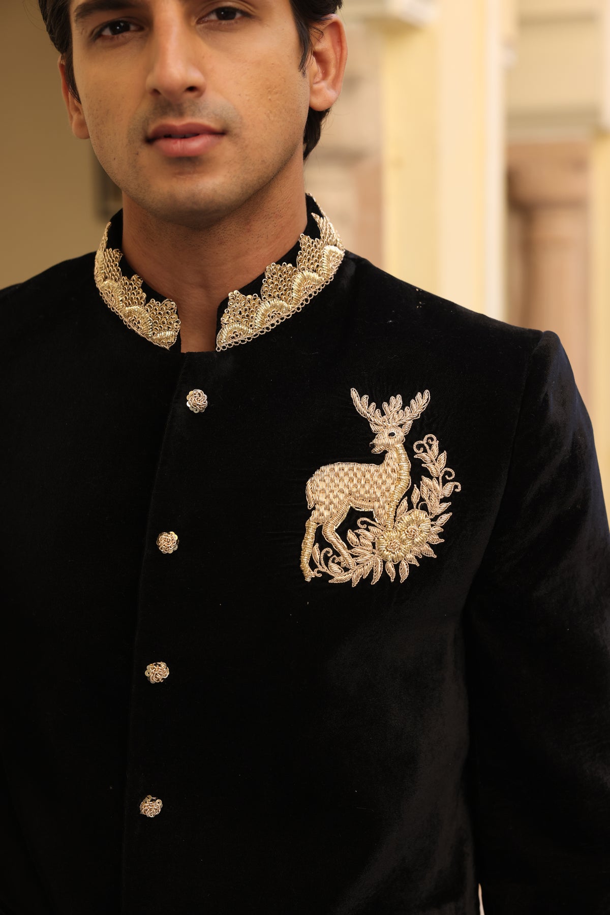 Black Velvet & Silk Jodhpuri Set with Zardozi, Sali Davka & Aari Work