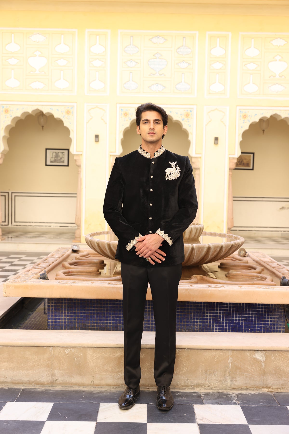 Black Velvet & Silk Jodhpuri Set with Zardozi, Sali Davka & Aari Work