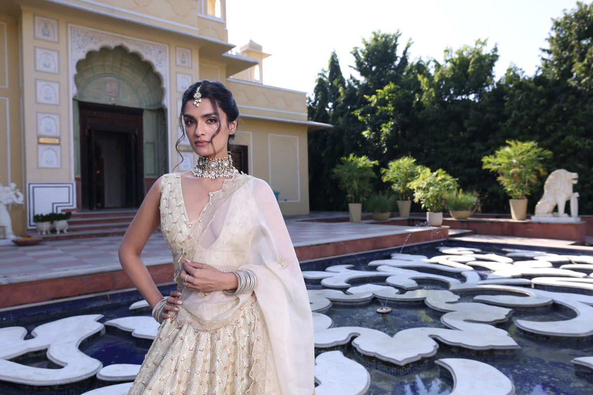 Butter Yellow Pure Munga Silk Lehenga with Aari, Sequin & Cutdana Work