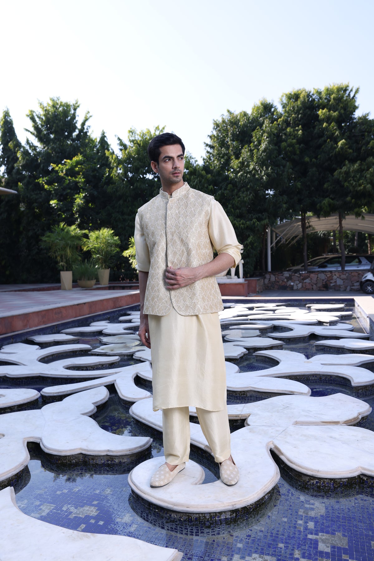 Butter Yellow Pure Munga Silk Kurta Set with Modi Jacket – Aari, Sequin & Cutdana Work