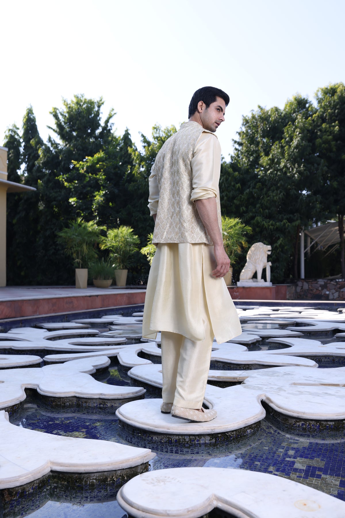 Butter Yellow Pure Munga Silk Kurta Set with Modi Jacket – Aari, Sequin & Cutdana Work