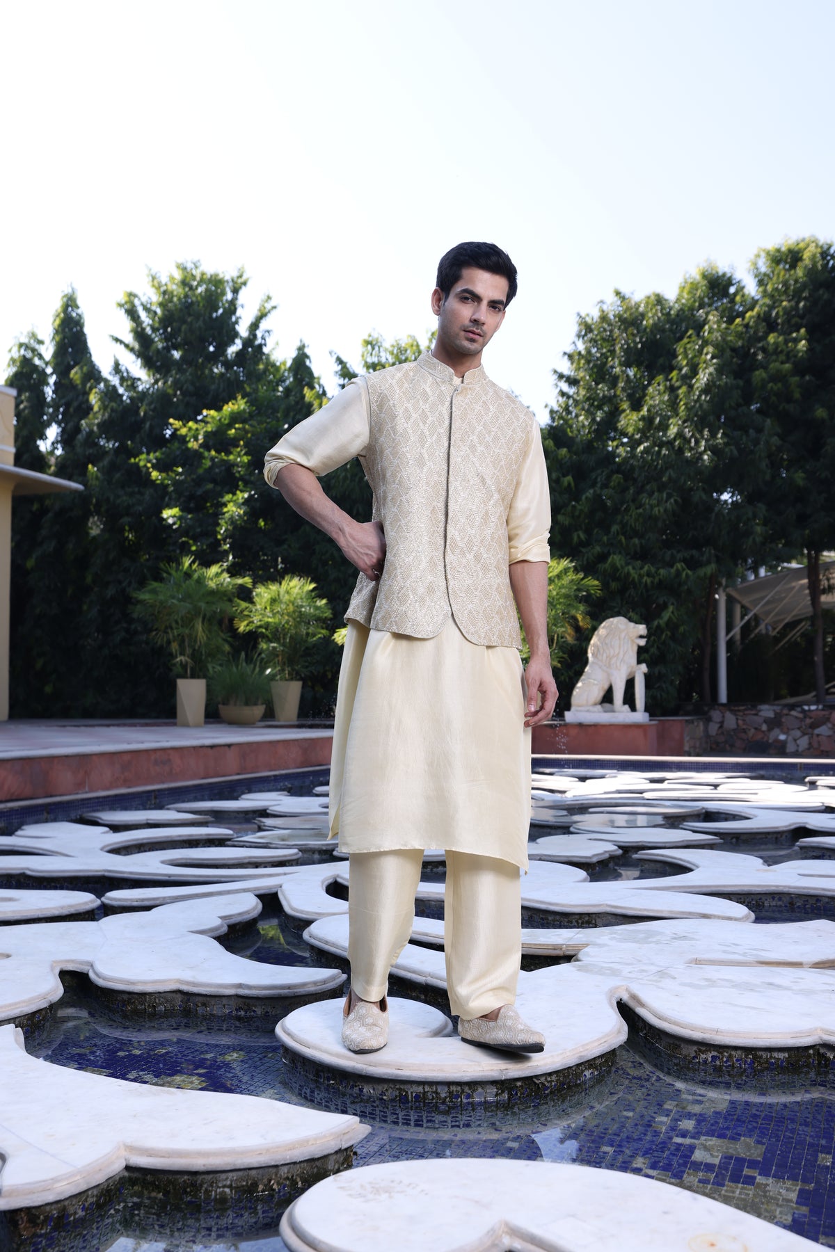 Butter Yellow Pure Munga Silk Kurta Set with Modi Jacket – Aari, Sequin & Cutdana Work