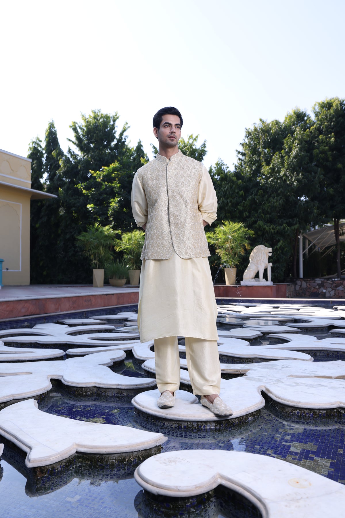 Butter Yellow Pure Munga Silk Kurta Set with Modi Jacket – Aari, Sequin & Cutdana Work