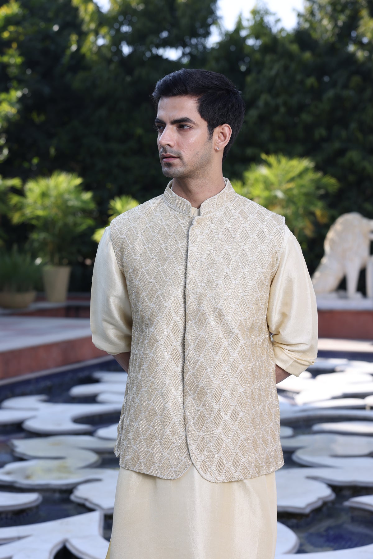 Butter Yellow Pure Munga Silk Kurta Set with Modi Jacket – Aari, Sequin & Cutdana Work