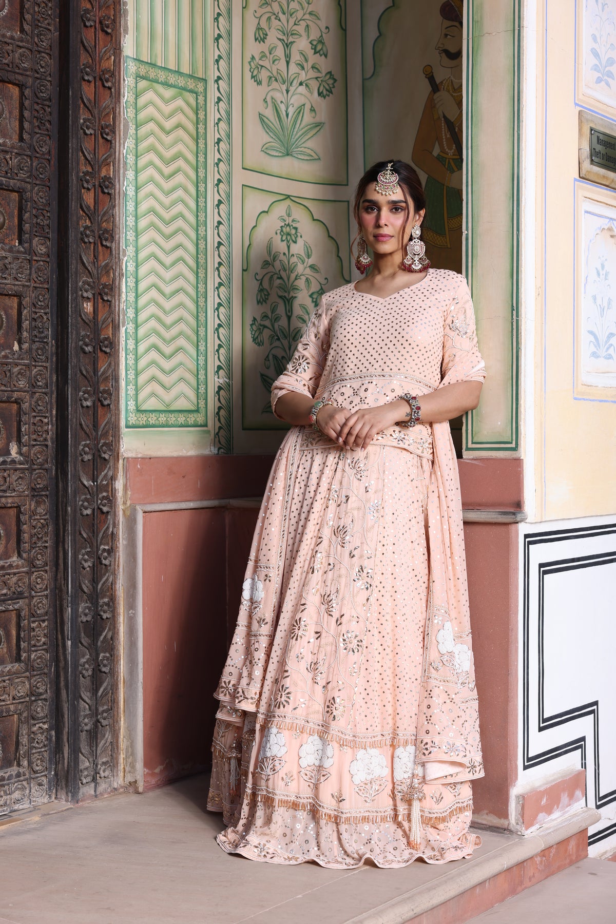 Peach Pink Pure Organza Lehenga with Mukesh & Pearl Work