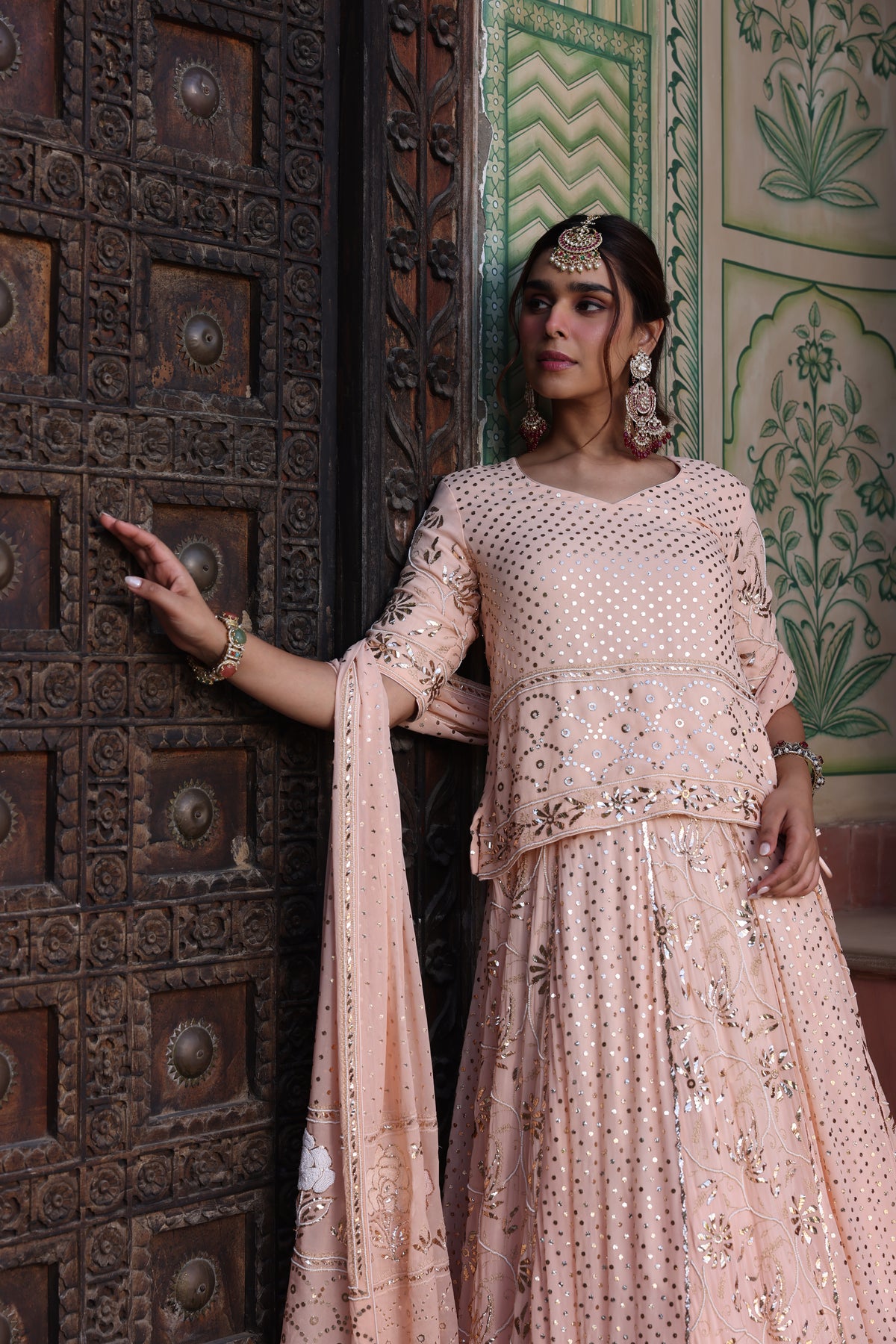 Peach Pink Pure Organza Lehenga with Mukesh & Pearl Work