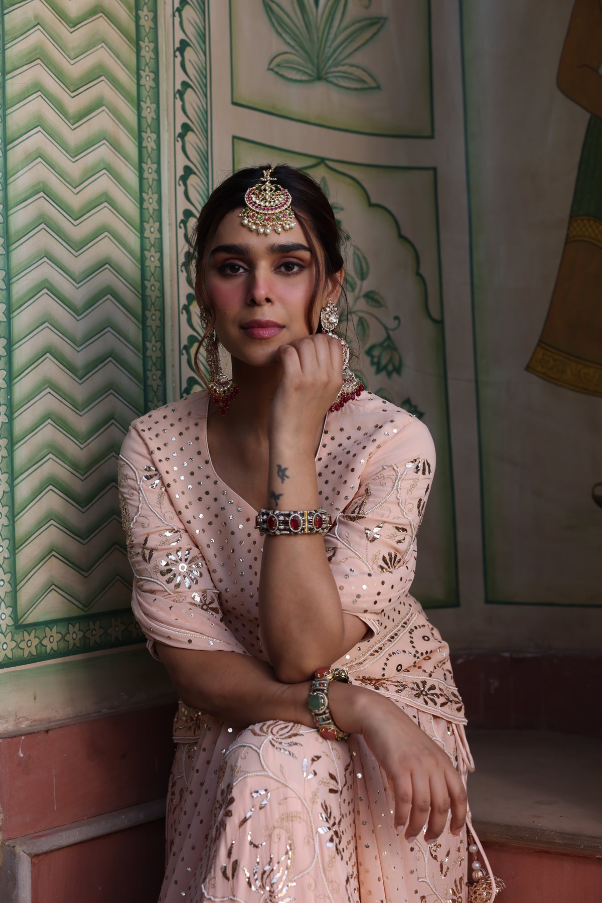 Peach Pink Pure Organza Lehenga with Mukesh & Pearl Work