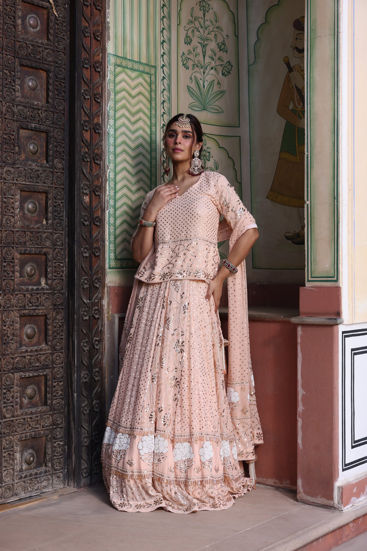 Peach Pink Pure Organza Lehenga with Mukesh & Pearl Work