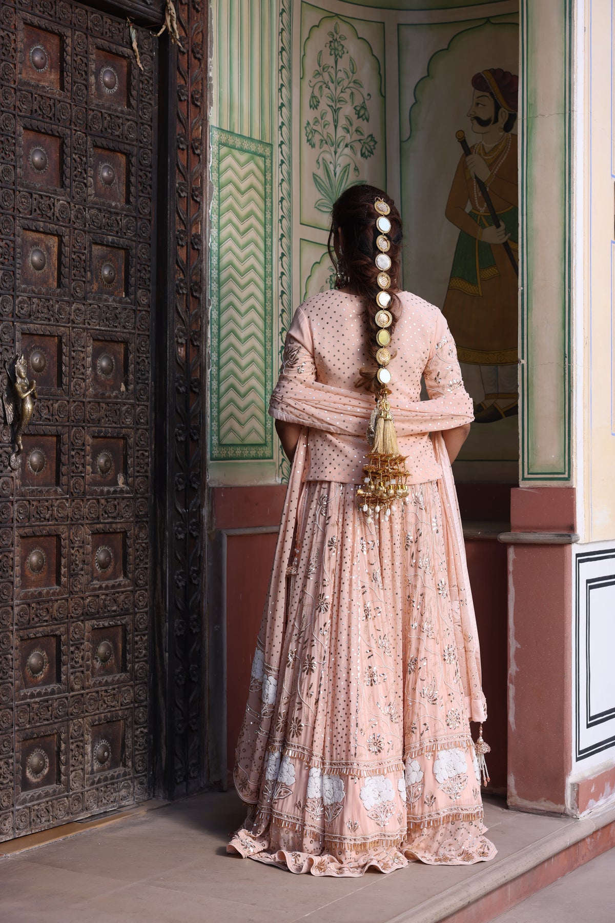 Peach Pink Pure Organza Lehenga with Mukesh & Pearl Work