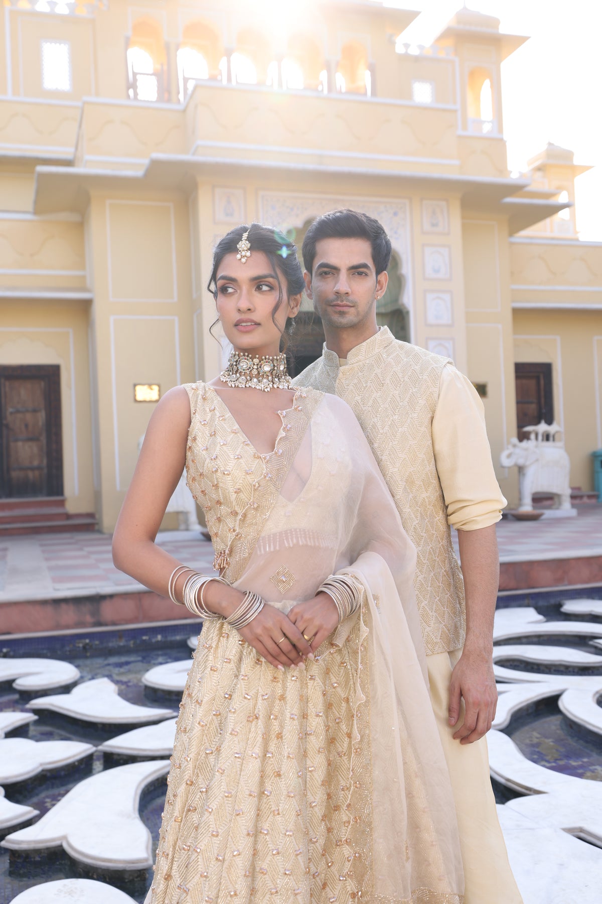 Butter Yellow Couple Wear – Pure Munga Silk Lehenga & Kurta Set with Modi Jacket
