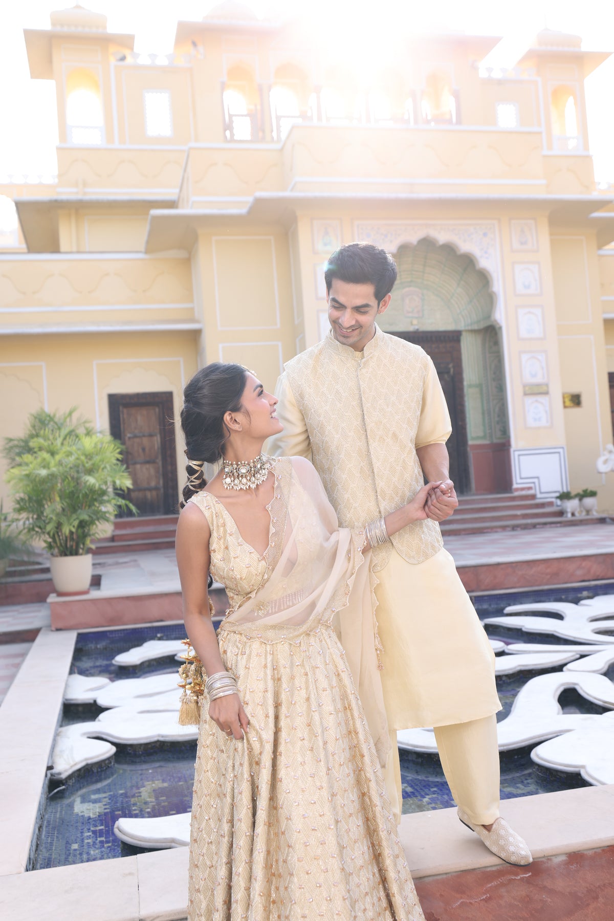 Butter Yellow Couple Wear – Pure Munga Silk Lehenga & Kurta Set with Modi Jacket