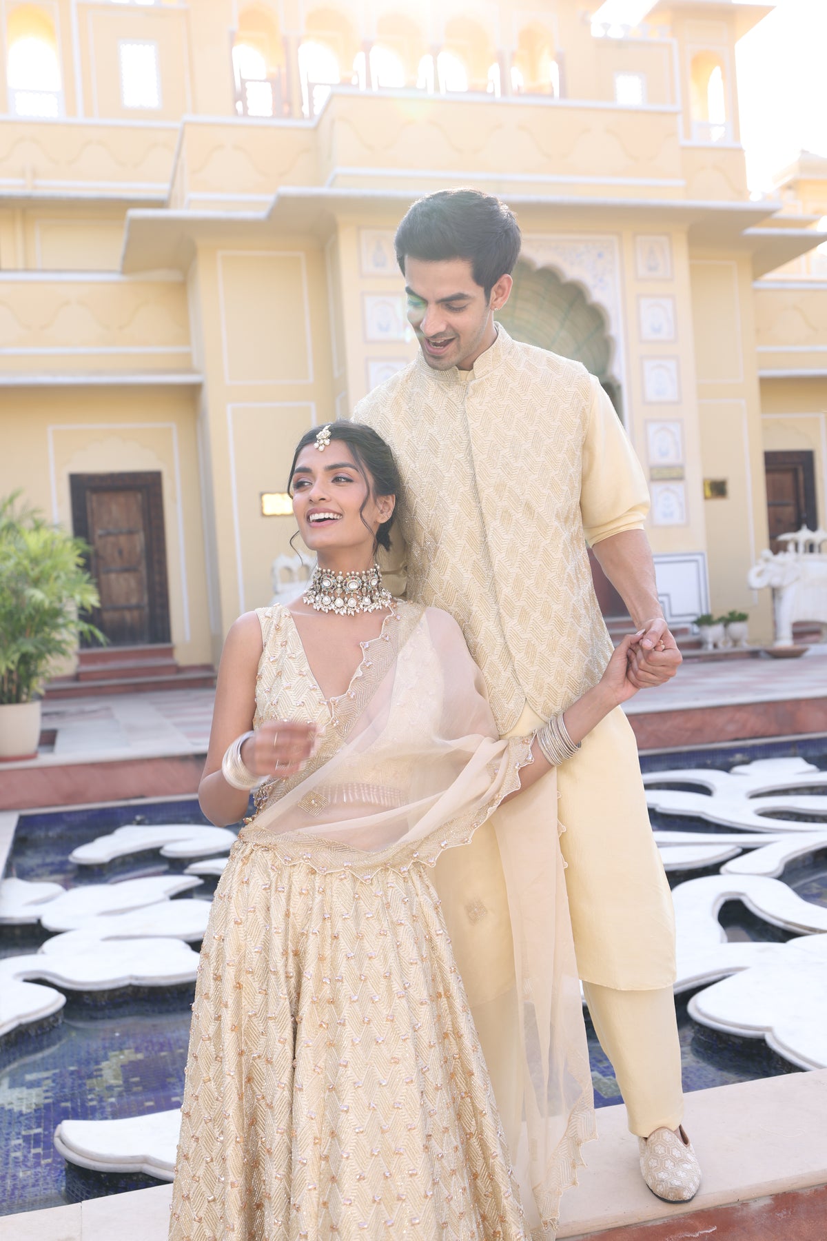 Butter Yellow Couple Wear – Pure Munga Silk Lehenga & Kurta Set with Modi Jacket