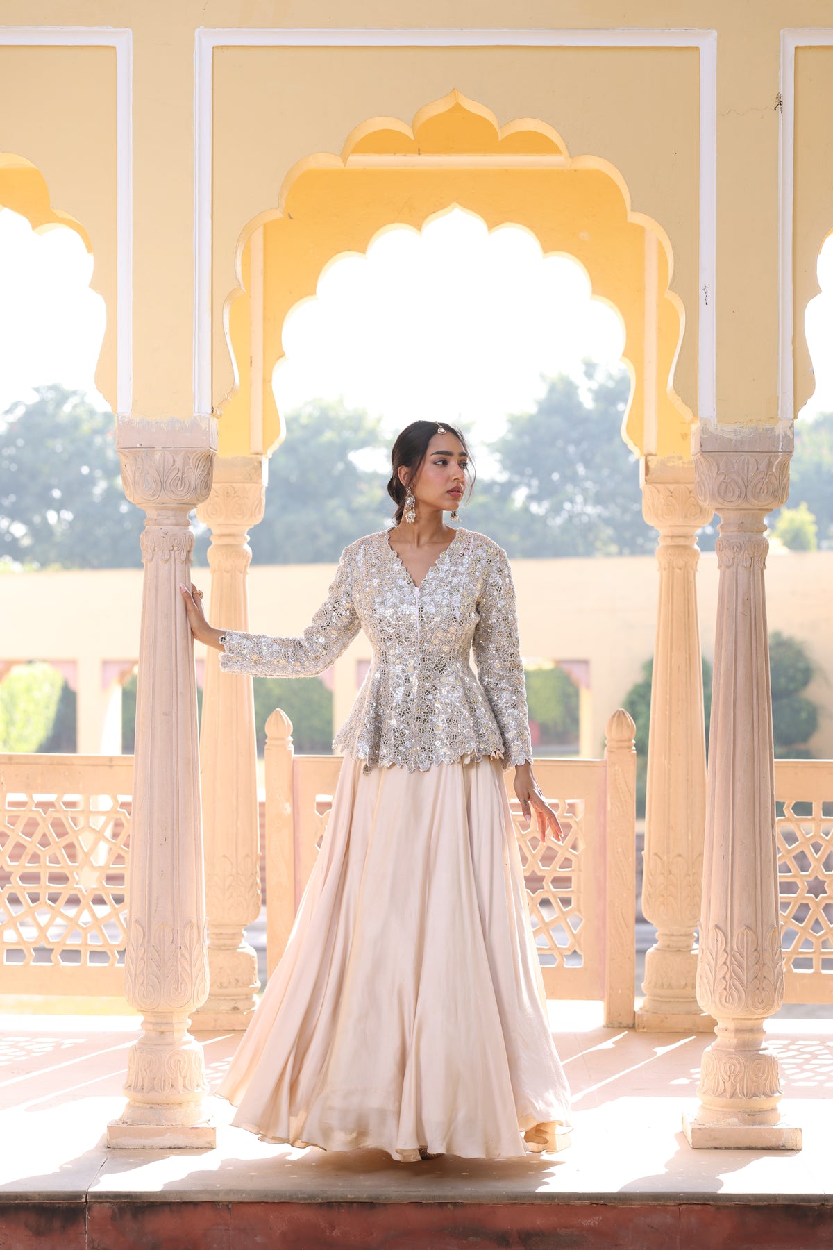 Beige Cream Pure Crepe Indo-Western Set in Premium Export Fabric
