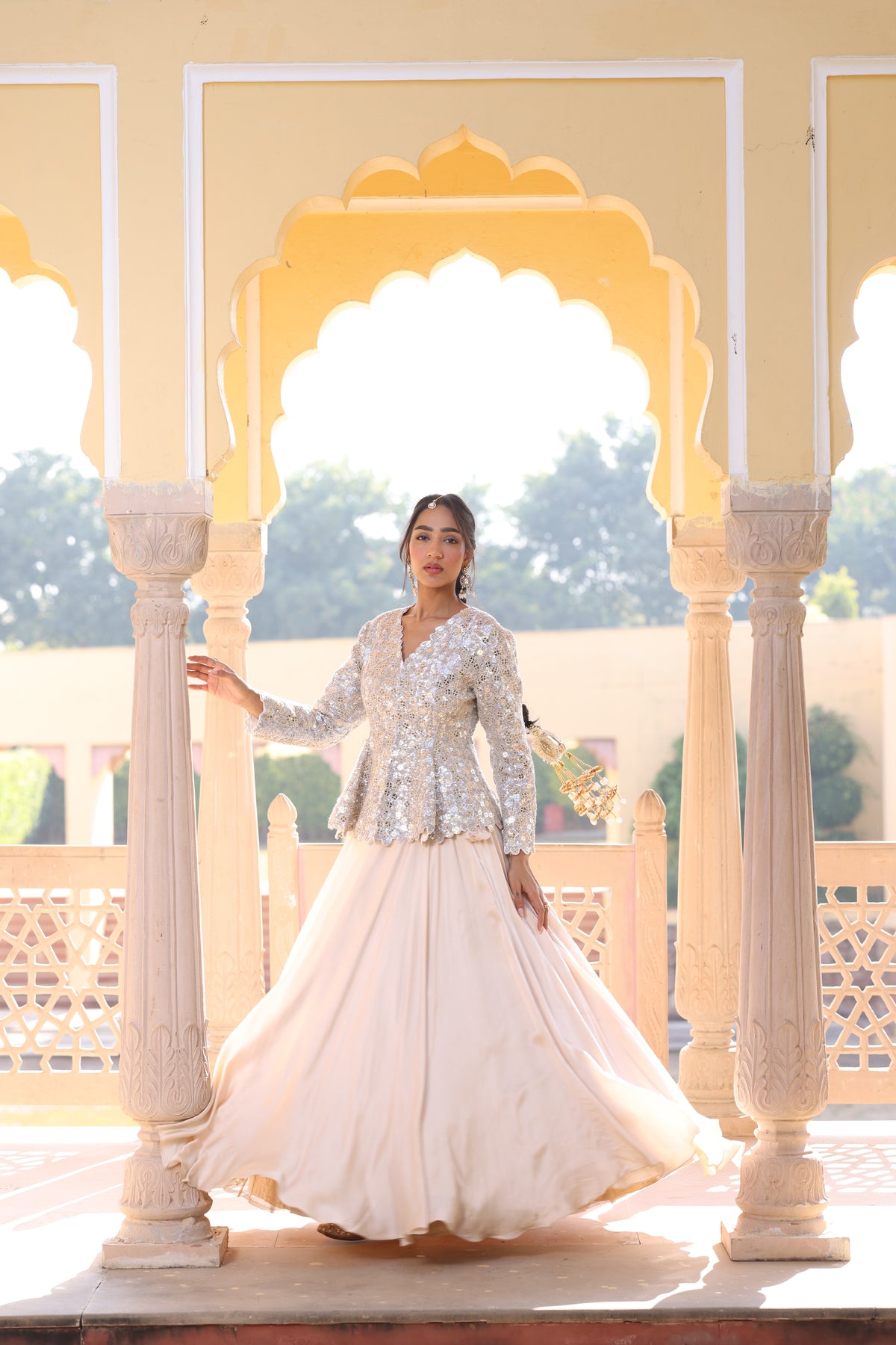 Beige Cream Pure Crepe Indo-Western Set in Premium Export Fabric