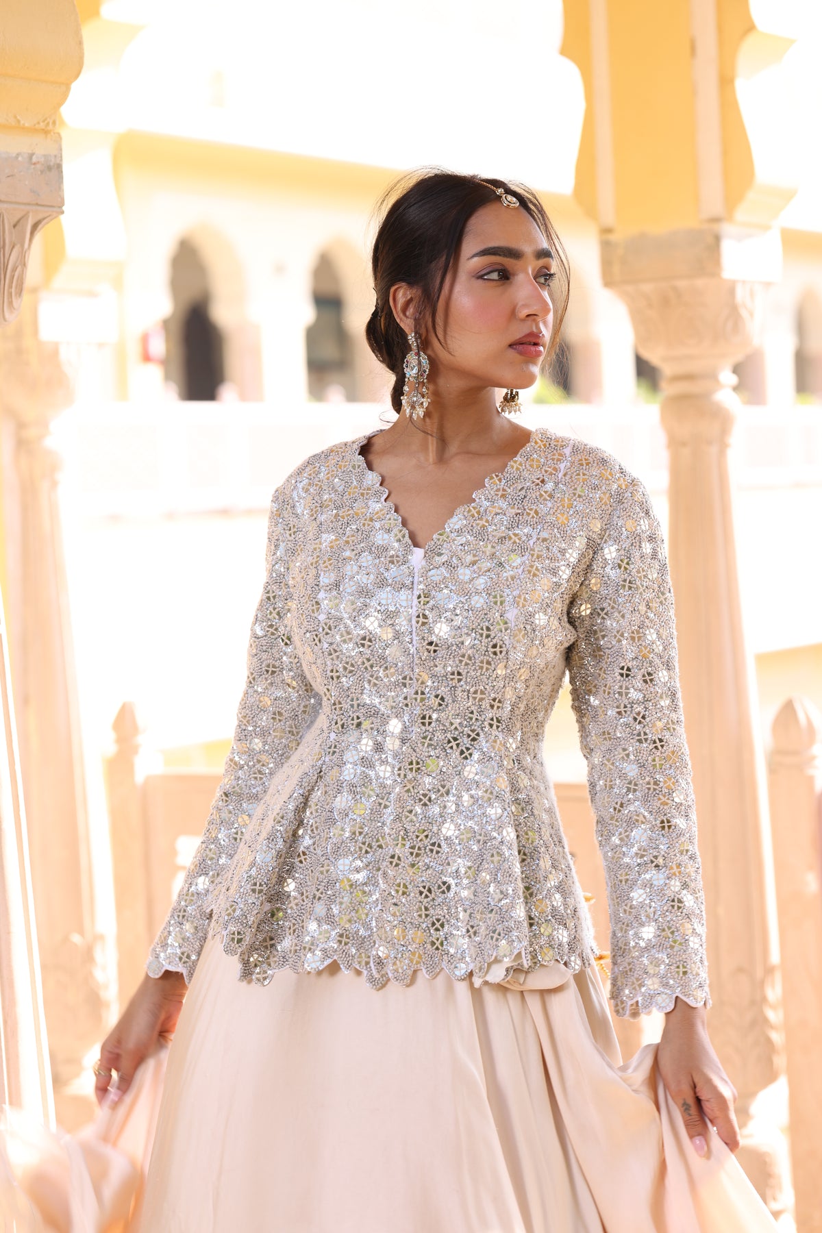 Beige Cream Pure Crepe Indo-Western Set in Premium Export Fabric