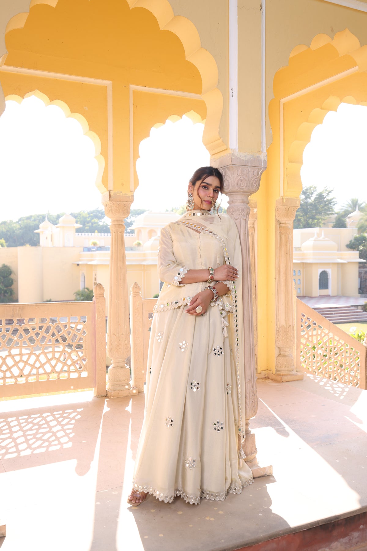 Silver- Gold Tissue Silk Mirror Work Lehenga Set