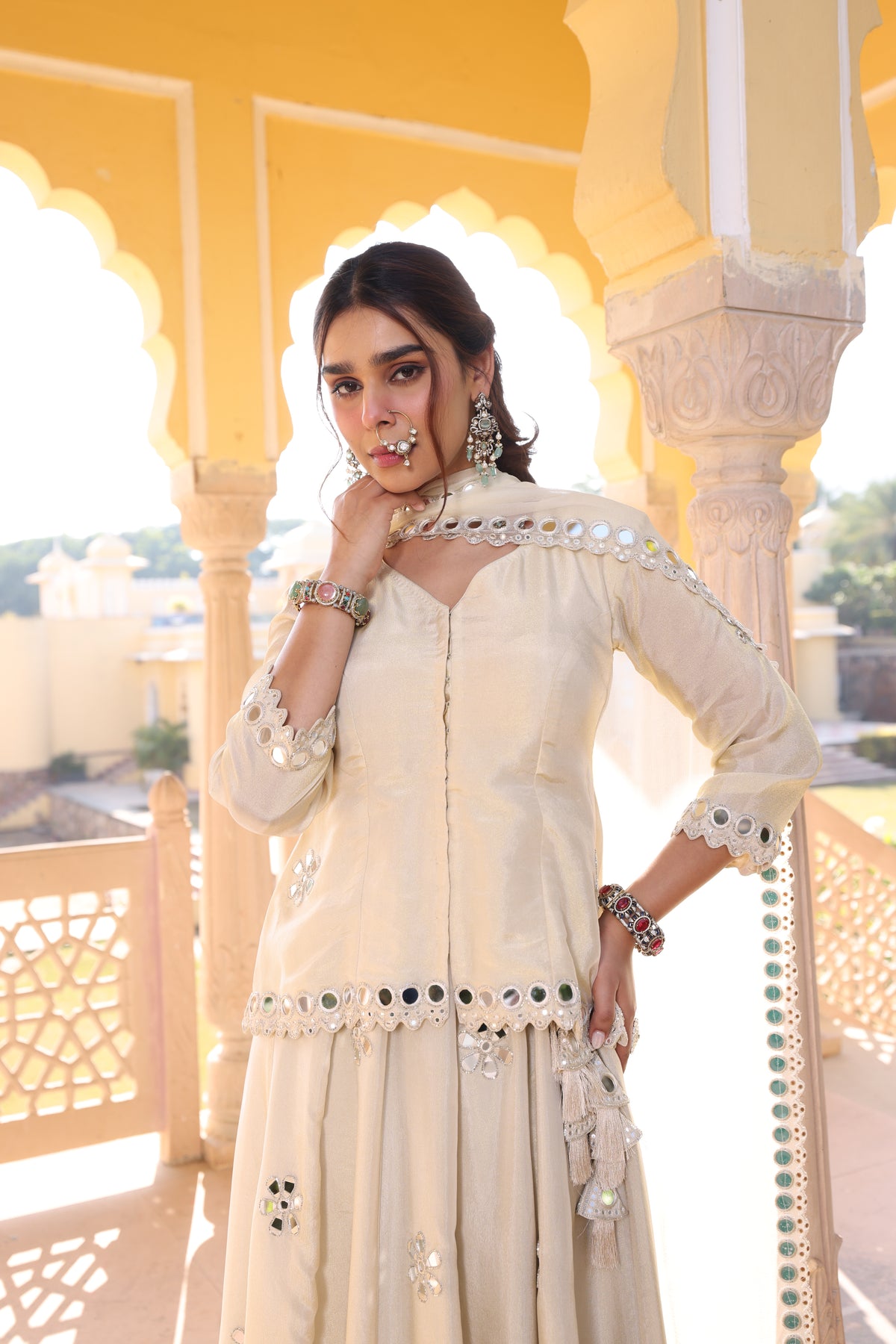 Silver- Gold Tissue Silk Mirror Work Lehenga Set