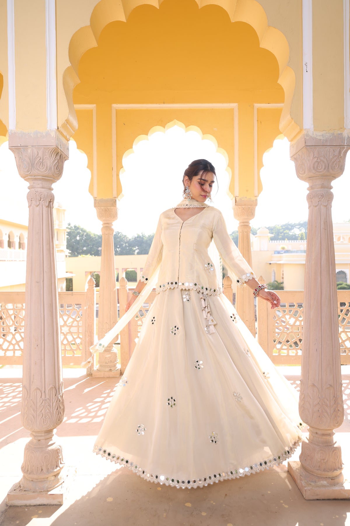 Silver- Gold Tissue Silk Mirror Work Lehenga Set