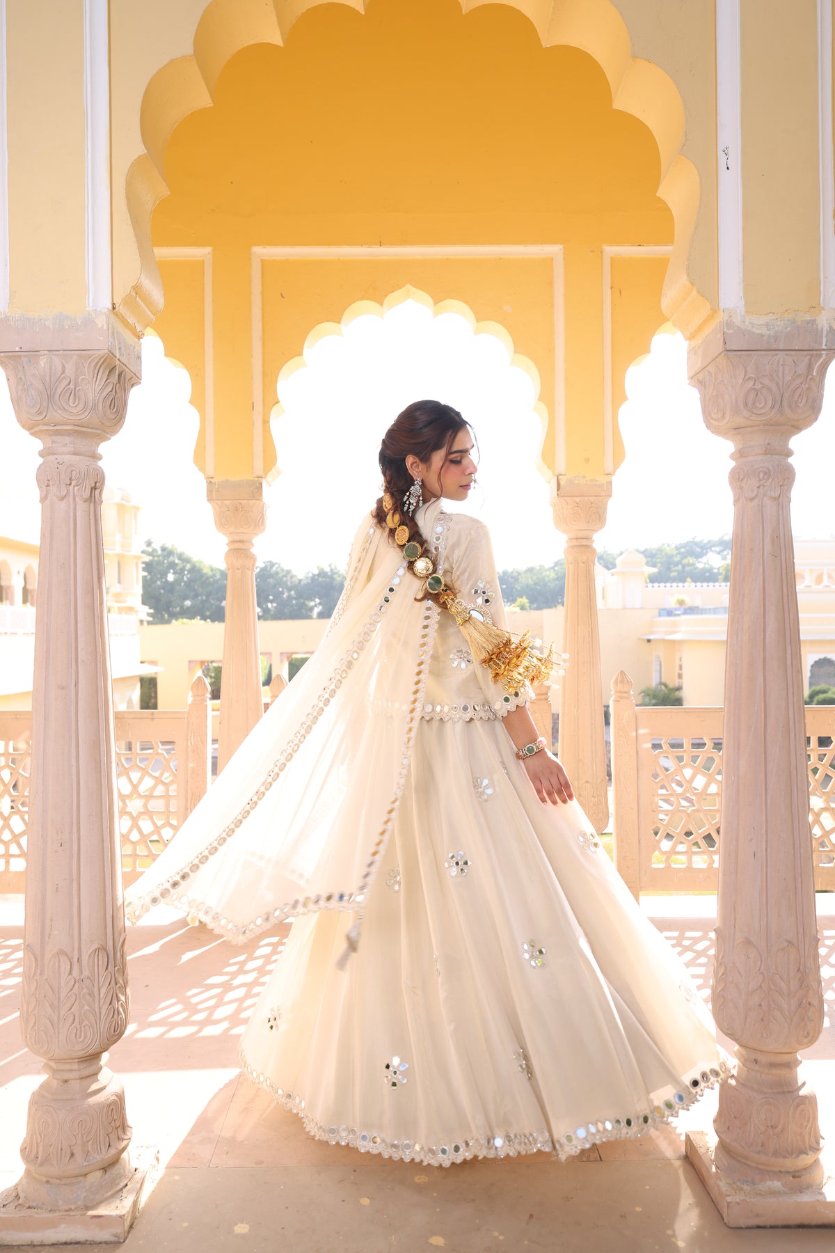 Silver- Gold Tissue Silk Mirror Work Lehenga Set
