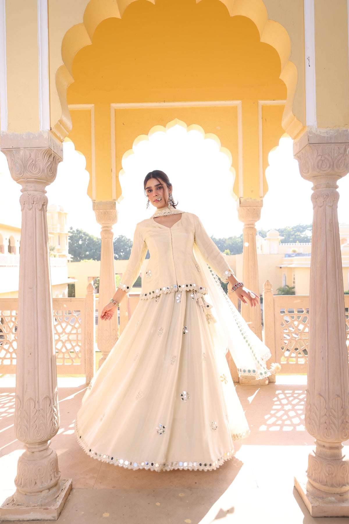 Silver- Gold Tissue Silk Mirror Work Lehenga Set