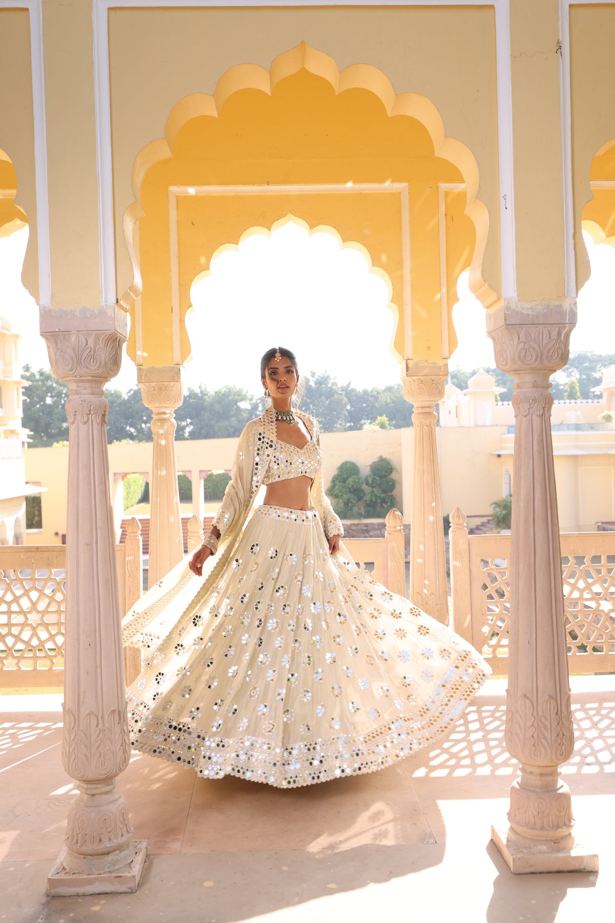 Rose Gold Tissue Lehenga with Exquisite Mirror Work