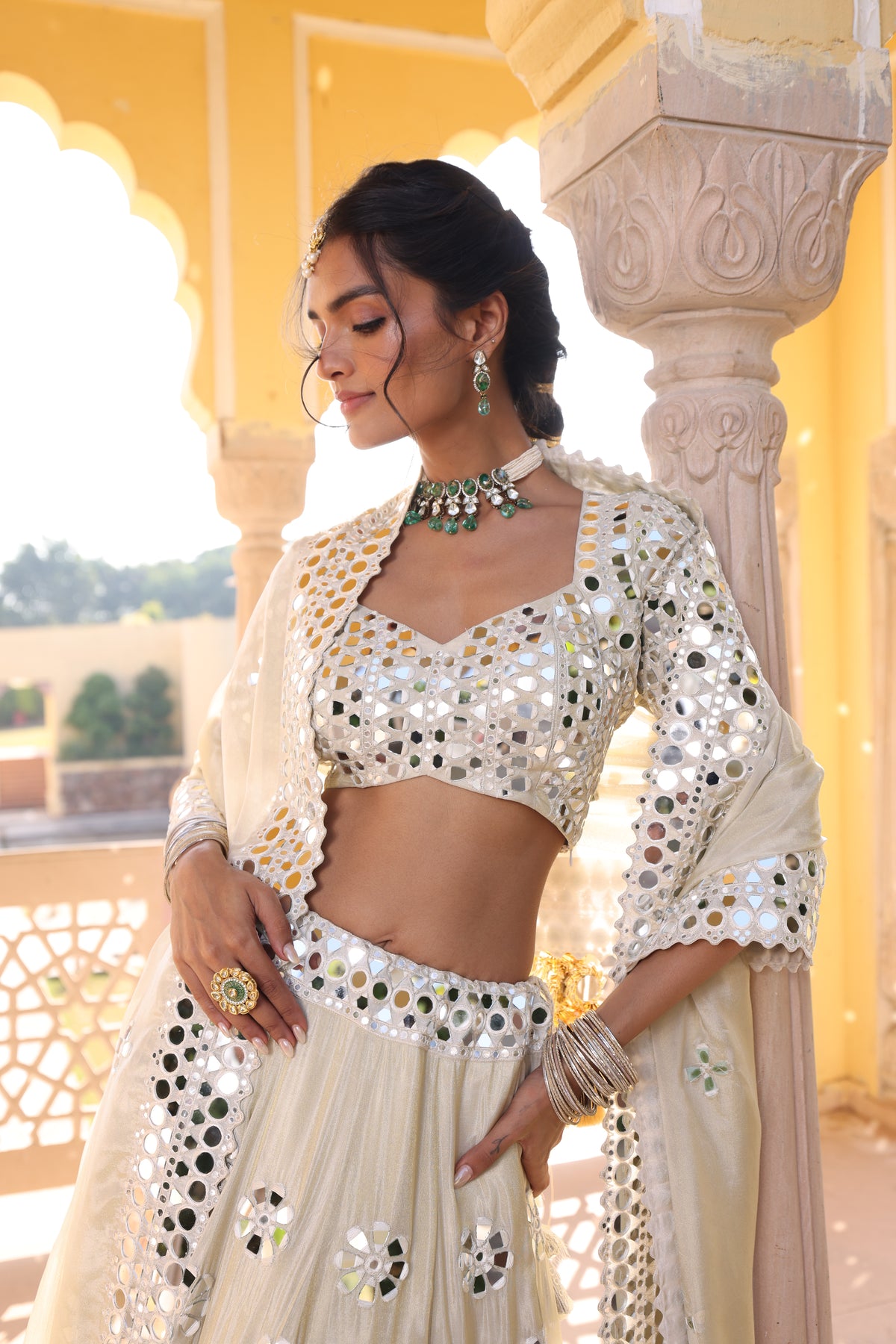 Rose Gold Tissue Lehenga with Exquisite Mirror Work