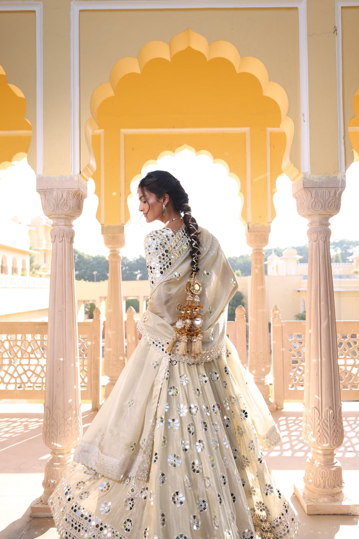 Rose Gold Tissue Lehenga with Exquisite Mirror Work