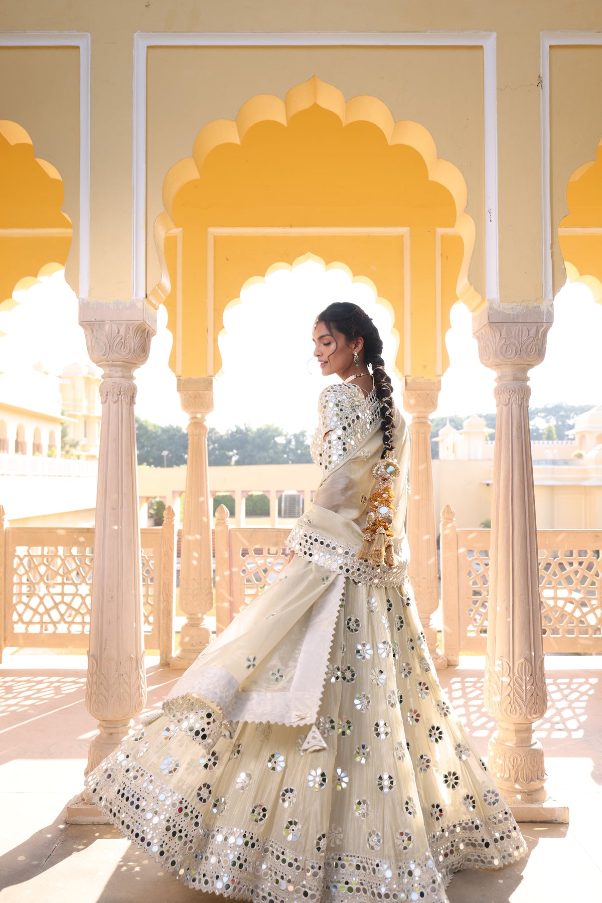 Rose Gold Tissue Lehenga with Exquisite Mirror Work
