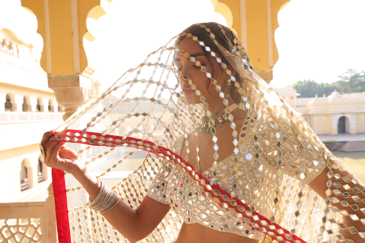 Rose Gold Tissue Lehenga with Exquisite Mirror Work