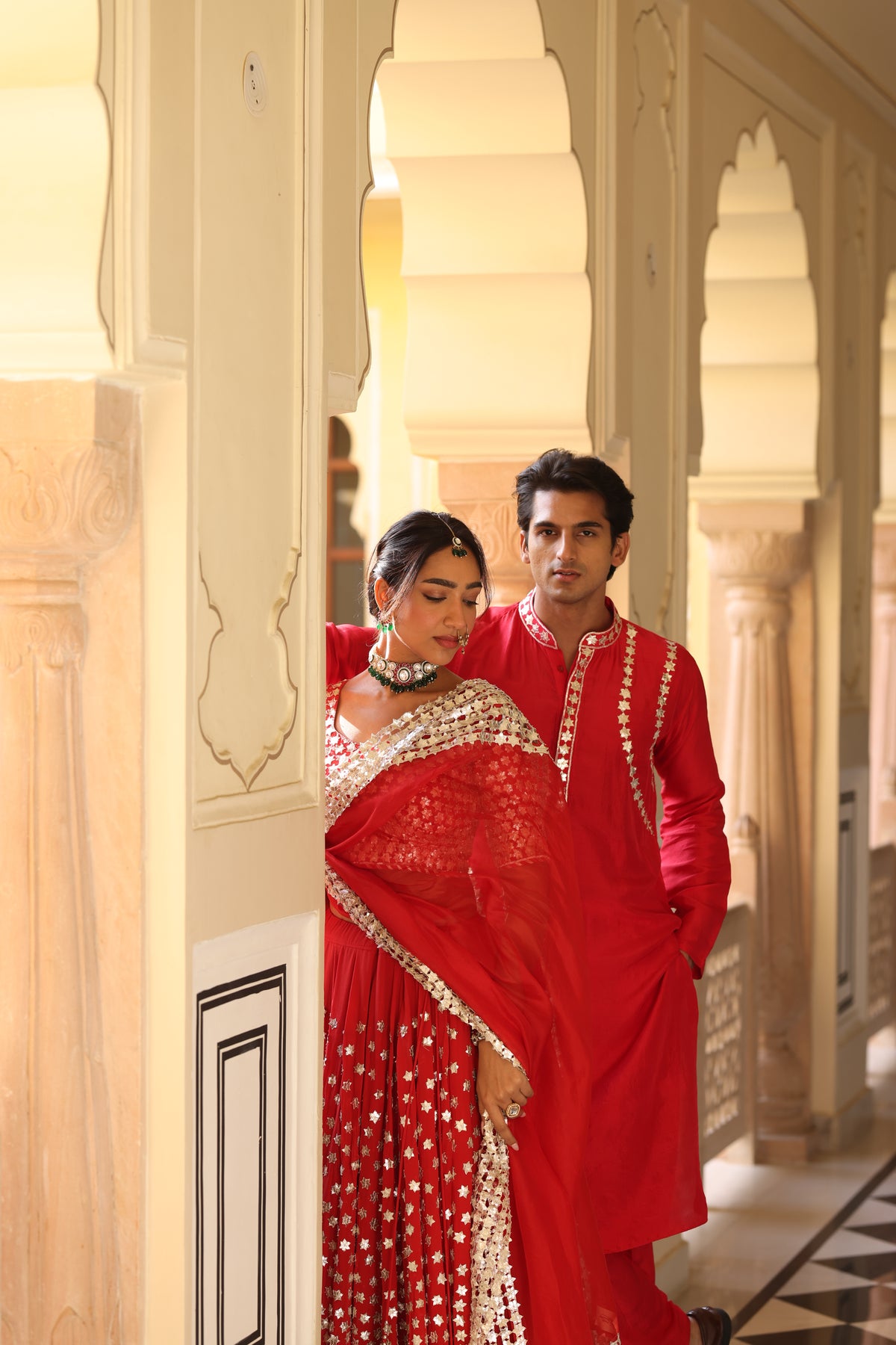 Red Couple Wear – Pure Crepe Lehenga & Men's Kurta Set with 3D Floral and Gota Work