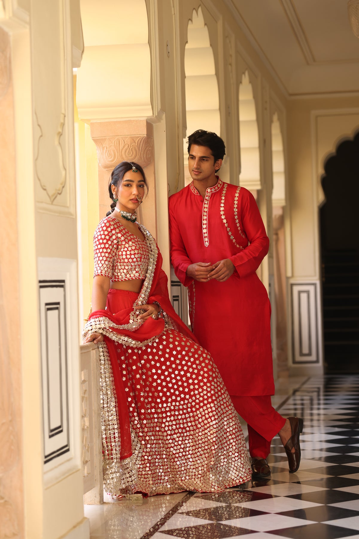 Red Couple Wear – Pure Crepe Lehenga & Men's Kurta Set with 3D Floral and Gota Work