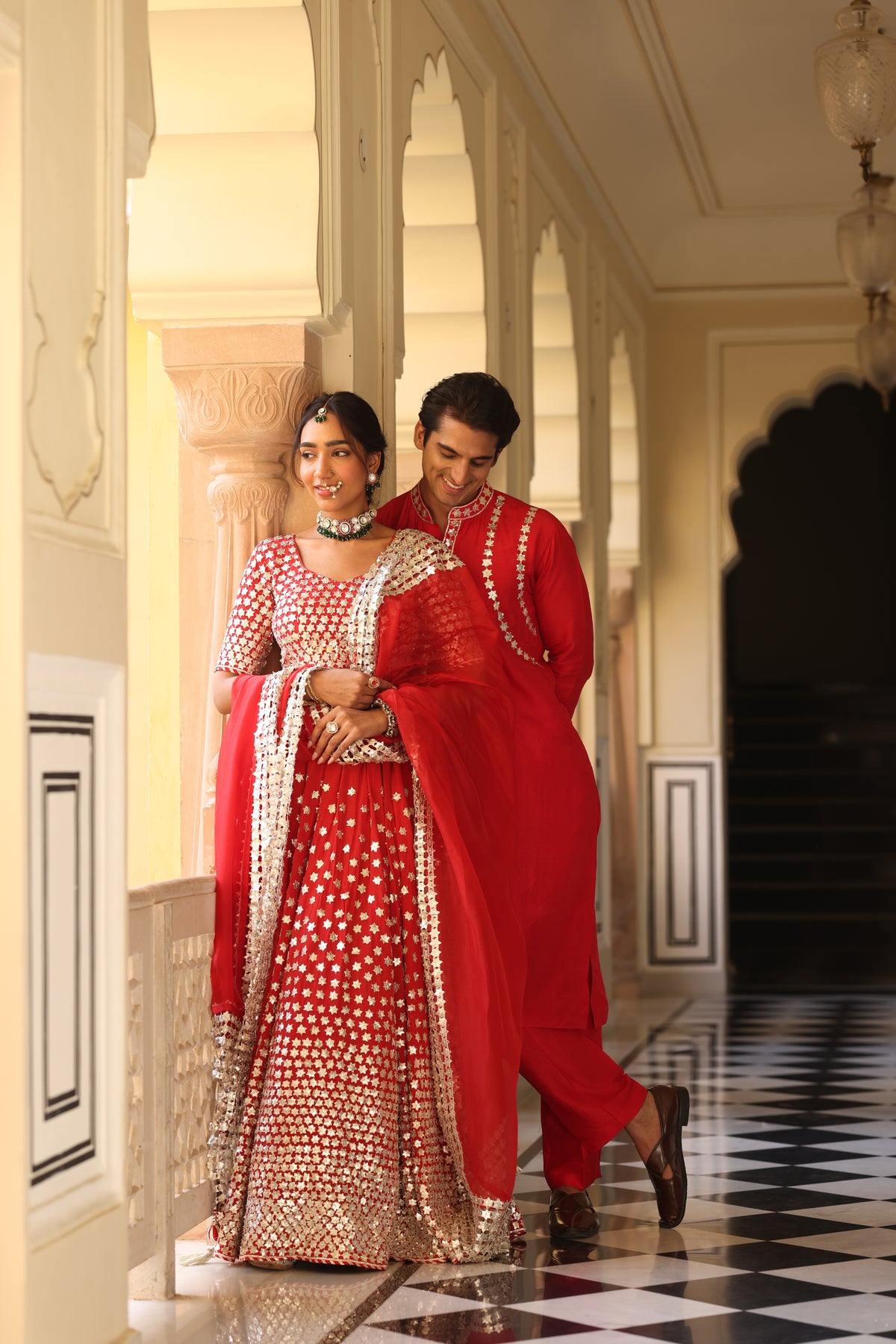Red Couple Wear – Pure Crepe Lehenga & Men's Kurta Set with 3D Floral and Gota Work