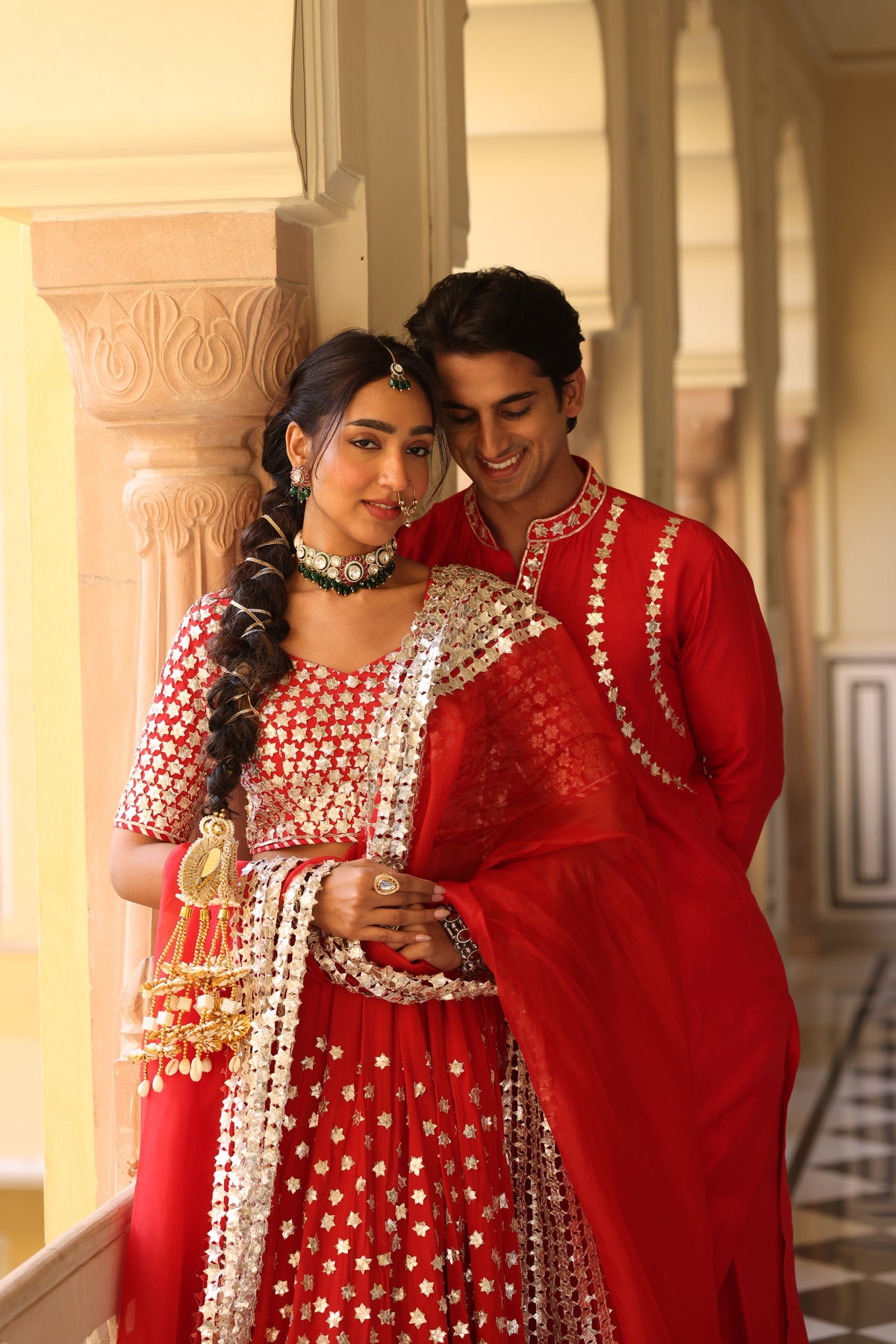 Red Couple Wear – Pure Crepe Lehenga & Men's Kurta Set with 3D Floral and Gota Work