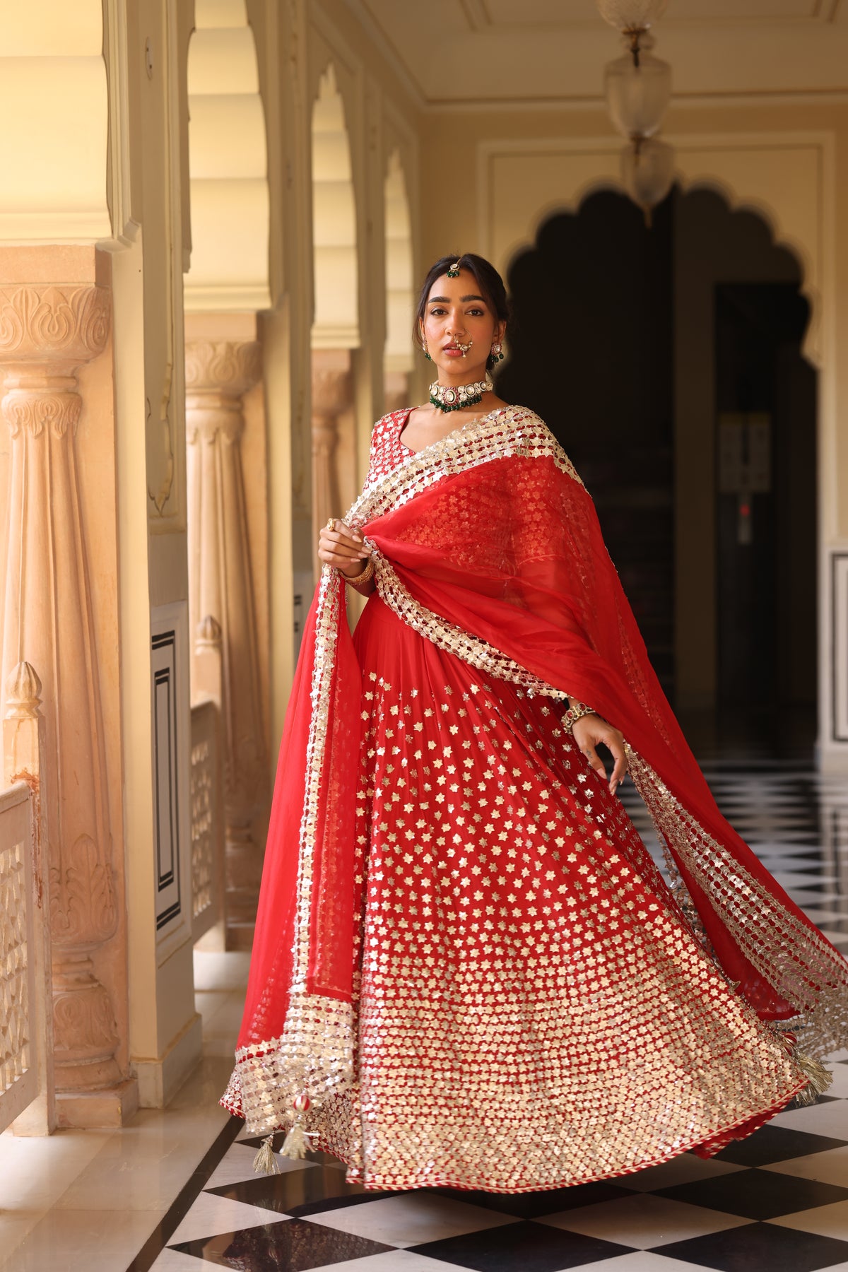 Pure Crepe Red Lehenga Set with 3D Floral & Gota Work