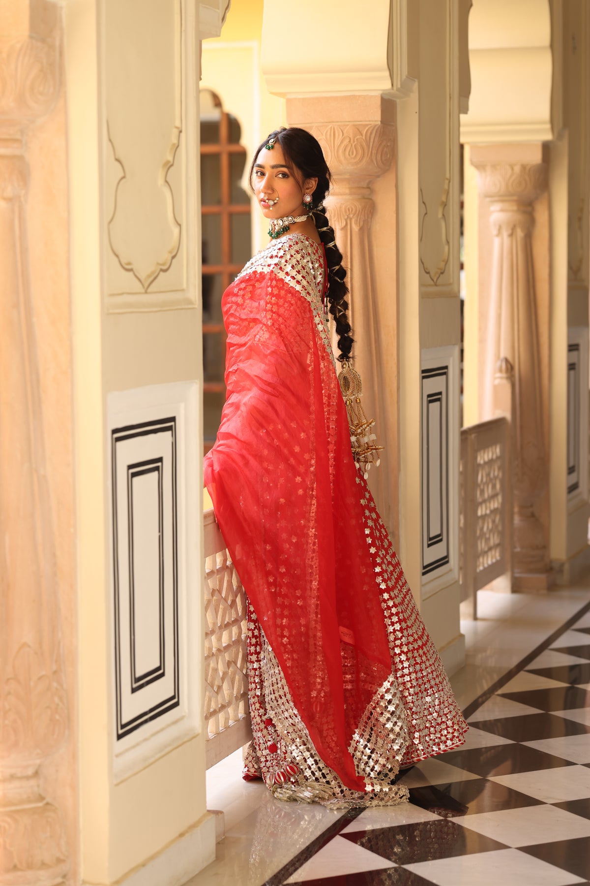 Pure Crepe Red Lehenga Set with 3D Floral & Gota Work