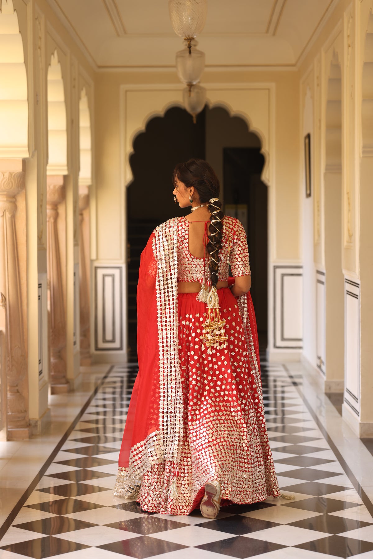 Pure Crepe Red Lehenga Set with 3D Floral & Gota Work