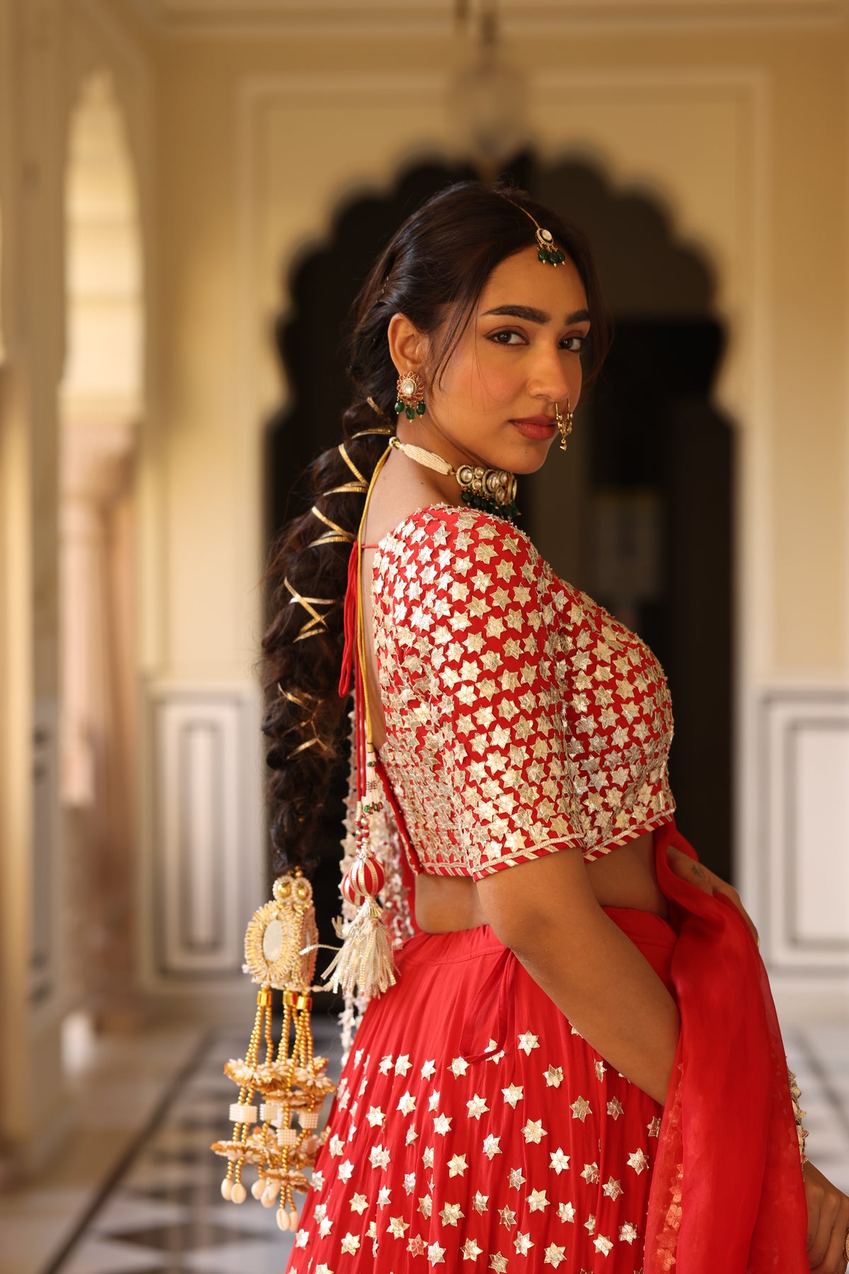 Pure Crepe Red Lehenga Set with 3D Floral & Gota Work